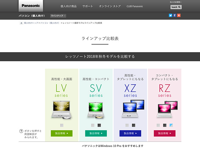 Panasonic PC(個人向け)ラインアップ比較表